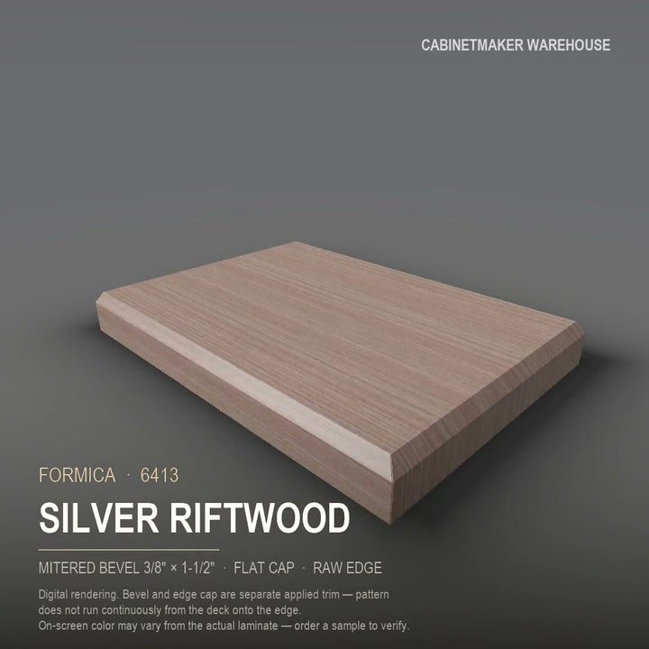 Formica Silver Riftwood 6413 laminate on a countertop with a mitered bevel edge