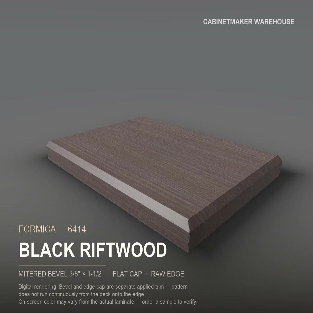 Formica Black Riftwood 6414 laminate on a countertop with a mitered bevel edge