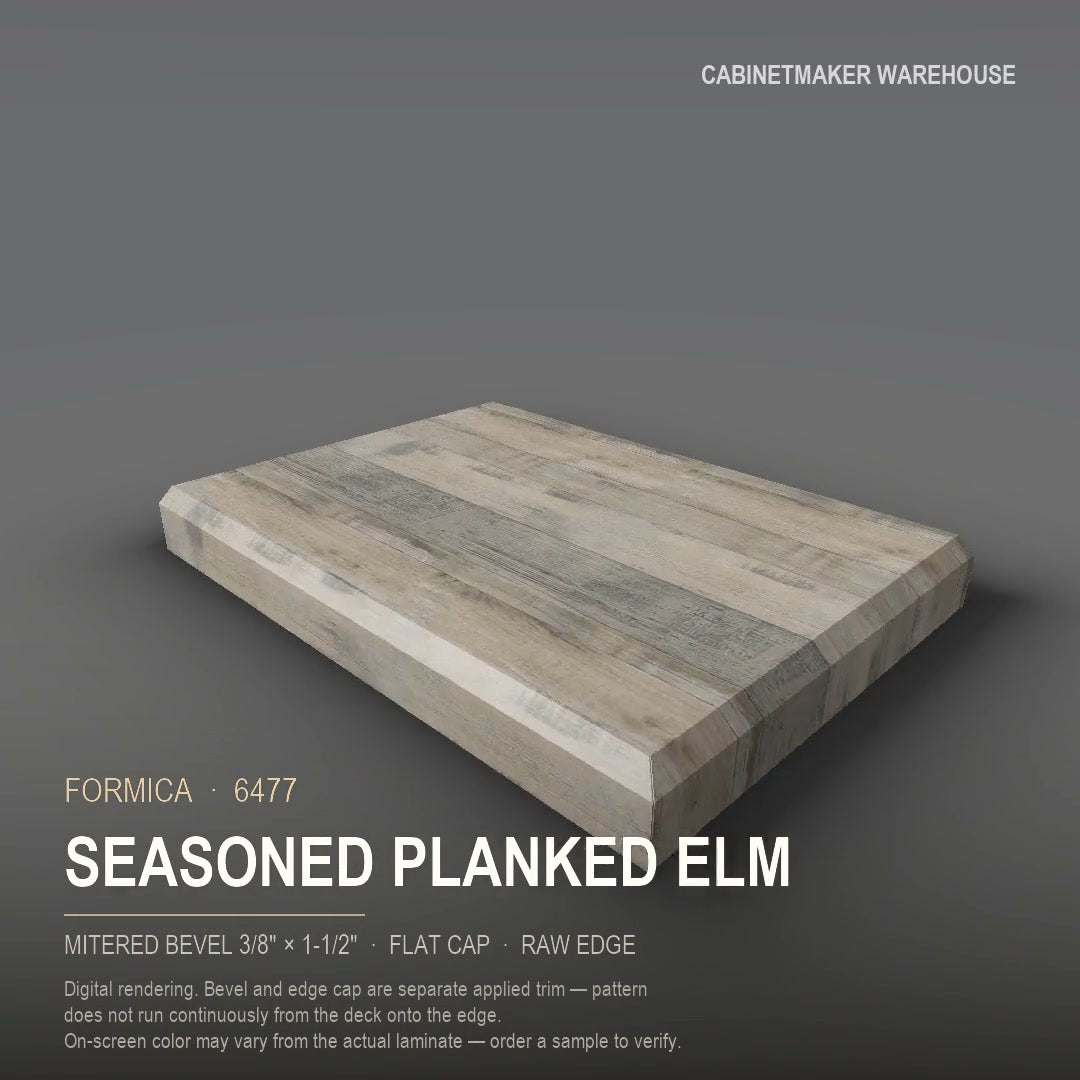 Formica Seasoned Planked Elm 6477 laminate on a countertop with a mitered bevel edge