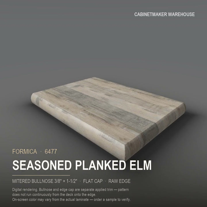 Formica Seasoned Planked Elm 6477 laminate on a countertop with a mitered bullnose edge