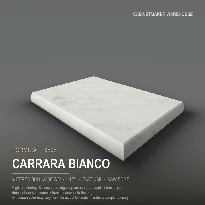 Formica Carrara Bianco 6696 laminate on a countertop with a mitered bullnose edge