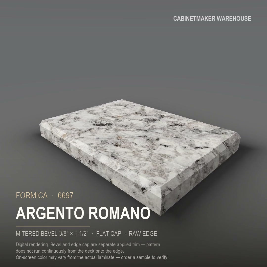 Formica Argento Romano 6697 laminate on a countertop with a mitered bevel edge