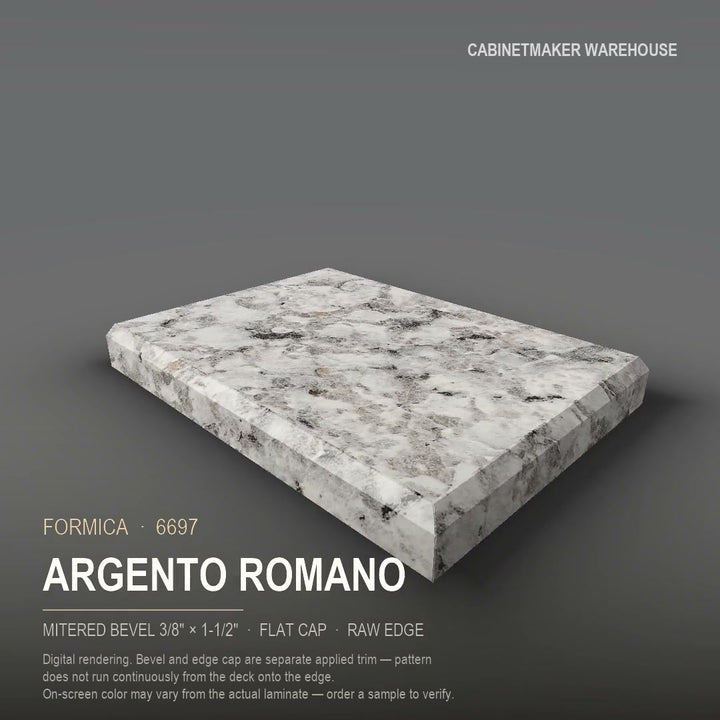 Formica Argento Romano 6697 laminate on a countertop with a mitered bevel edge