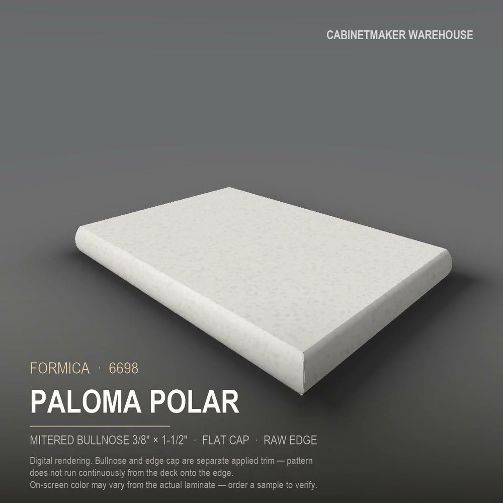 Formica Paloma Polar 6698 laminate on a countertop with a mitered bullnose edge