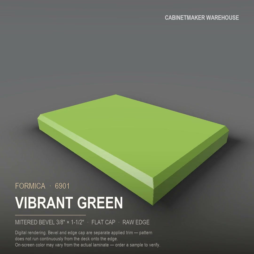 Formica Vibrant Green 6901 laminate on a countertop with a mitered bevel edge