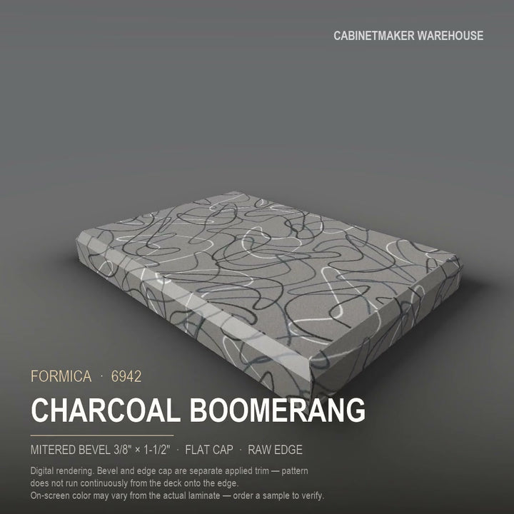 Formica Charcoal Boomerang 6942 laminate on a countertop with a mitered bevel edge
