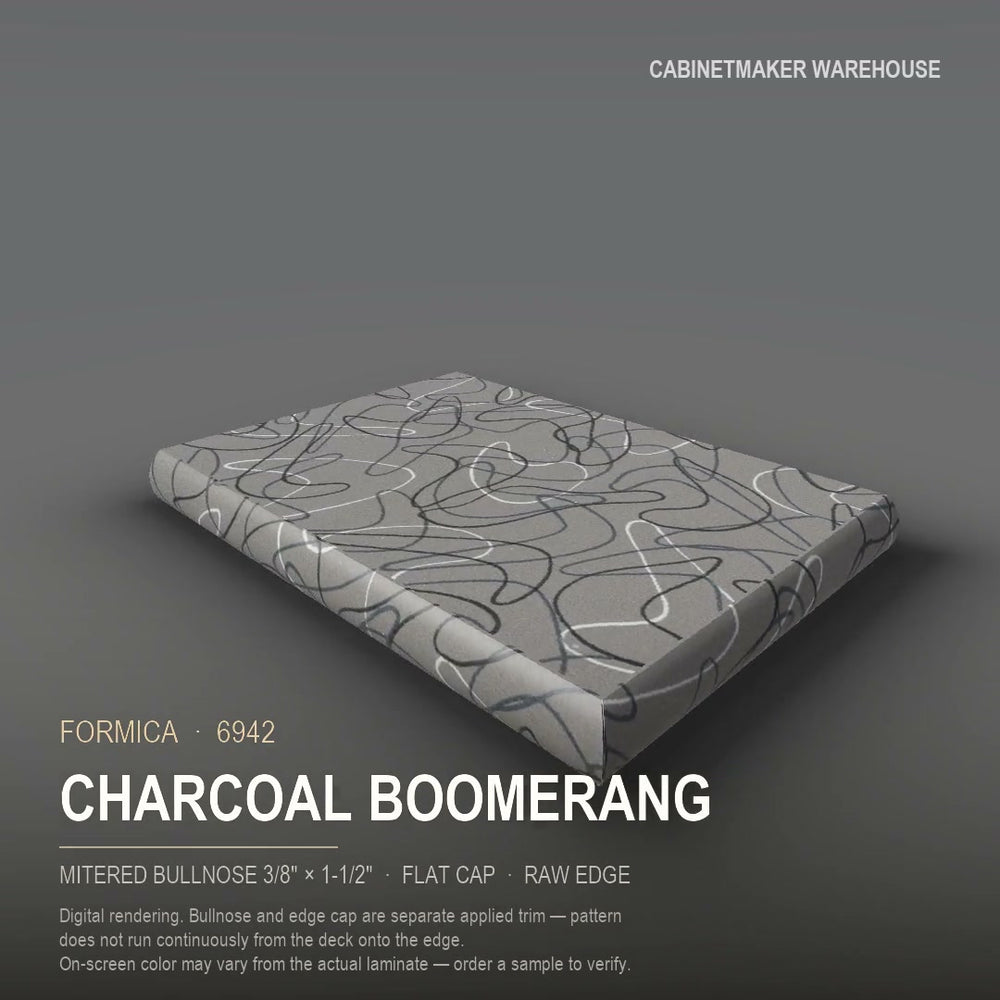 Formica Charcoal Boomerang 6942 laminate on a countertop with a mitered bullnose edge