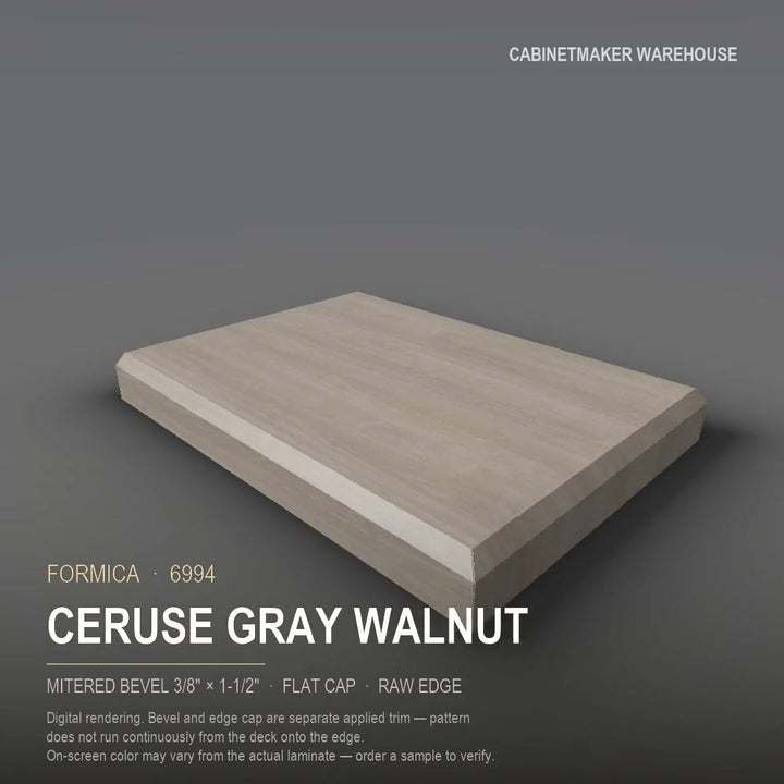 Formica Ceruse Gray Walnut 6994 laminate on a countertop with a mitered bevel edge