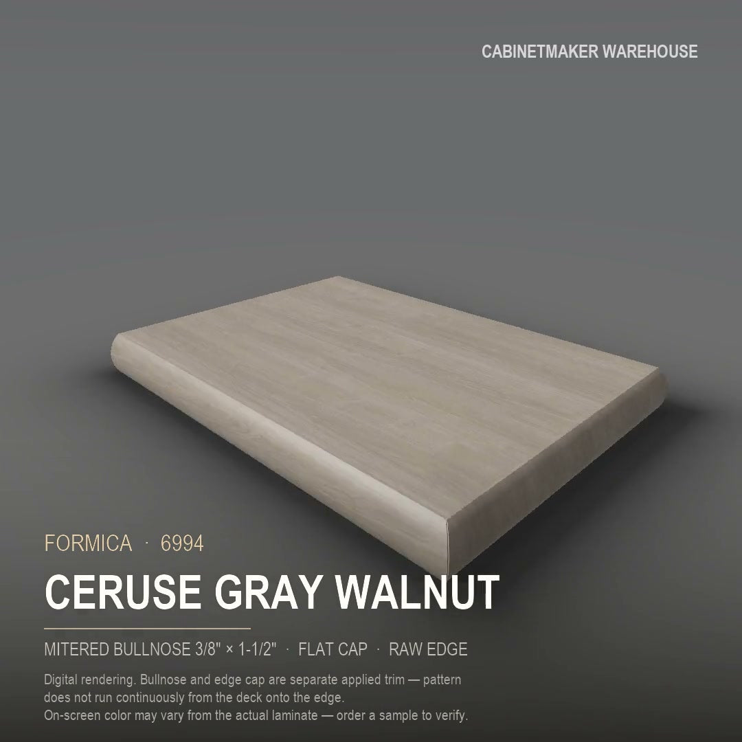 Formica Ceruse Gray Walnut 6994 laminate on a countertop with a mitered bullnose edge
