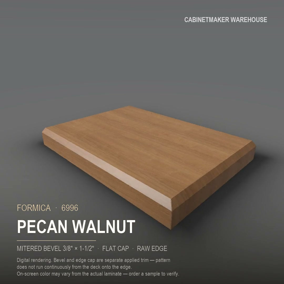 Formica Pecan Walnut 6996 laminate on a countertop with a mitered bevel edge