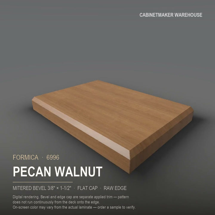 Formica Pecan Walnut 6996 laminate on a countertop with a mitered bevel edge