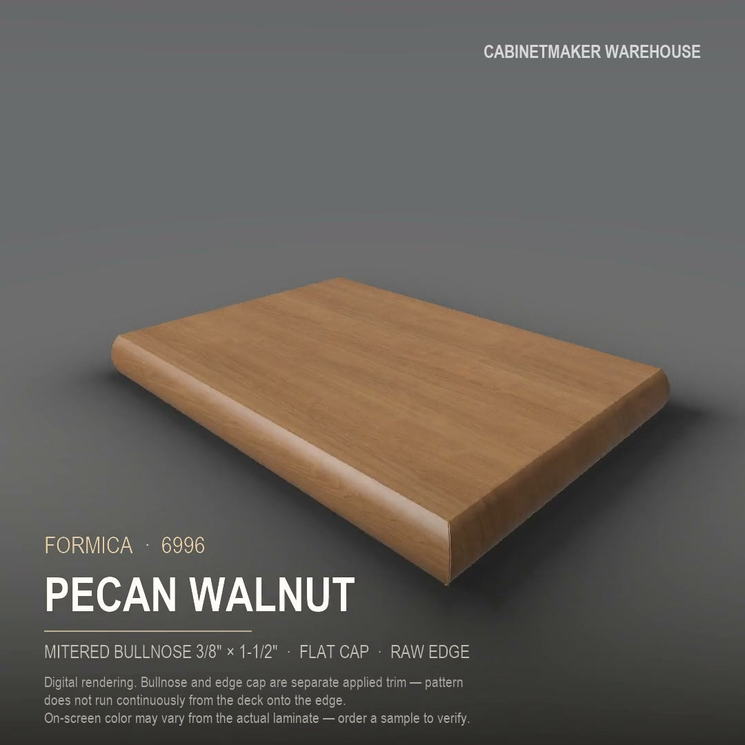 Formica Pecan Walnut 6996 laminate on a countertop with a mitered bullnose edge