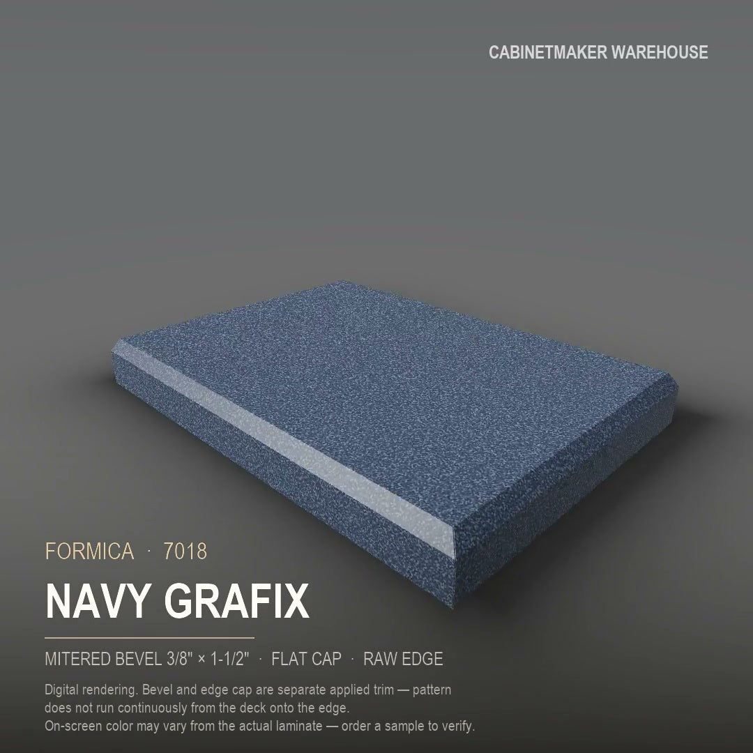 Formica Navy Grafix 7018 laminate on a countertop with a mitered bevel edge