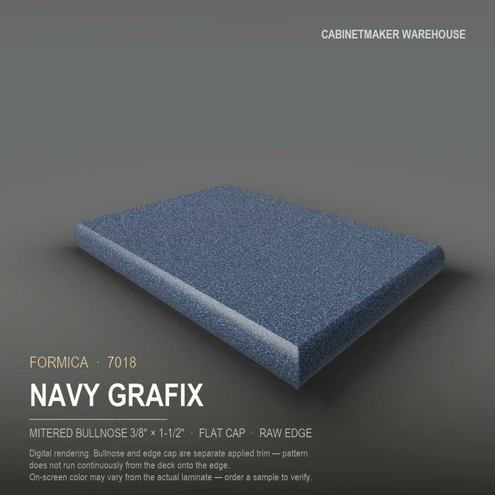 Formica Navy Grafix 7018 laminate on a countertop with a mitered bullnose edge
