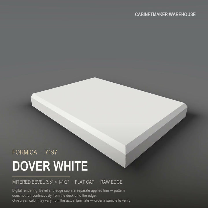 Formica Dover White 7197 laminate on a countertop with a mitered bevel edge