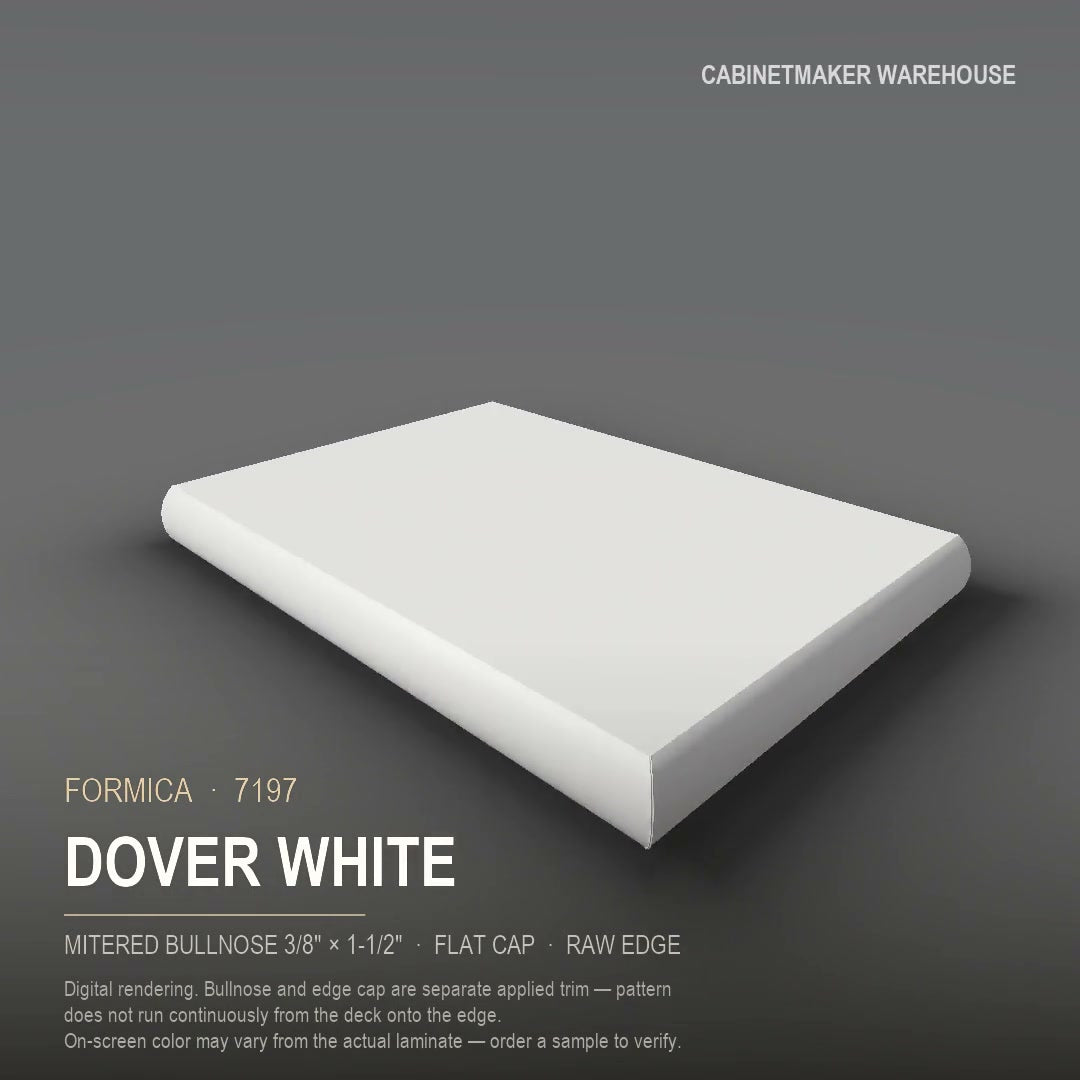 Formica Dover White 7197 laminate on a countertop with a mitered bullnose edge