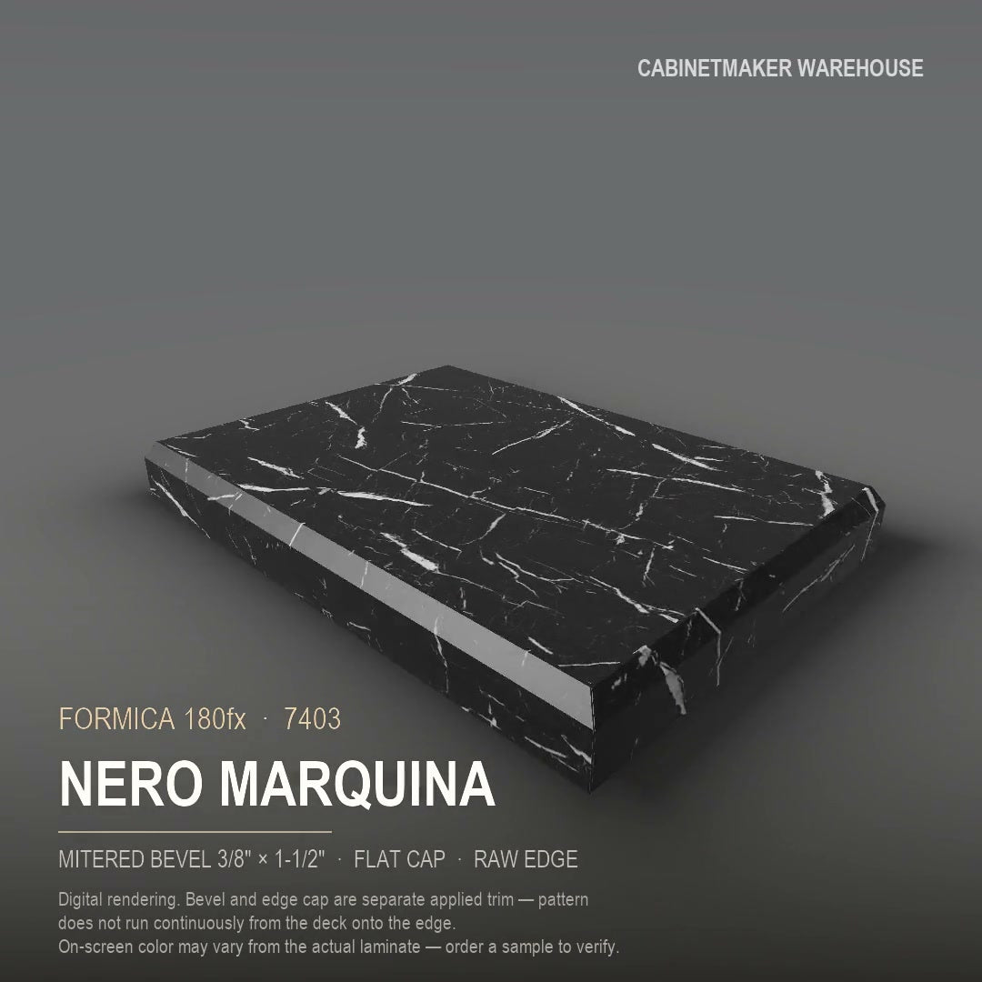 Formica Nero Marquina 7403 laminate on a countertop with a mitered bevel edge
