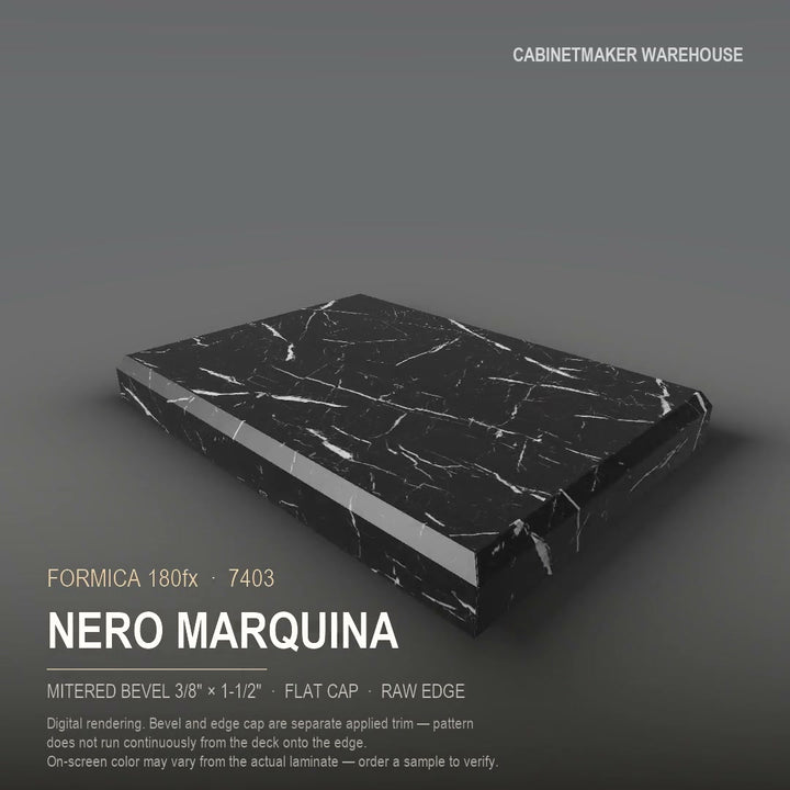 Formica Nero Marquina 7403 laminate on a countertop with a mitered bevel edge