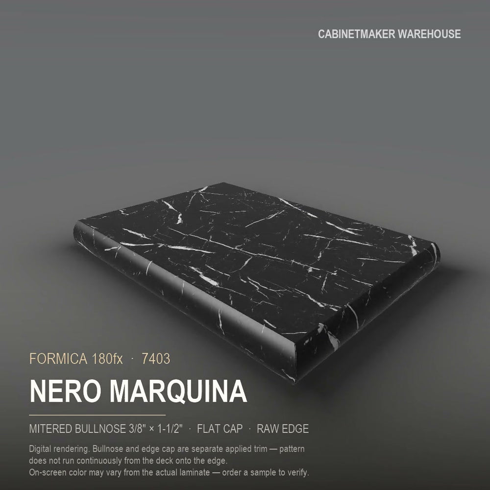 Formica Nero Marquina 7403 laminate on a countertop with a mitered bullnose edge
