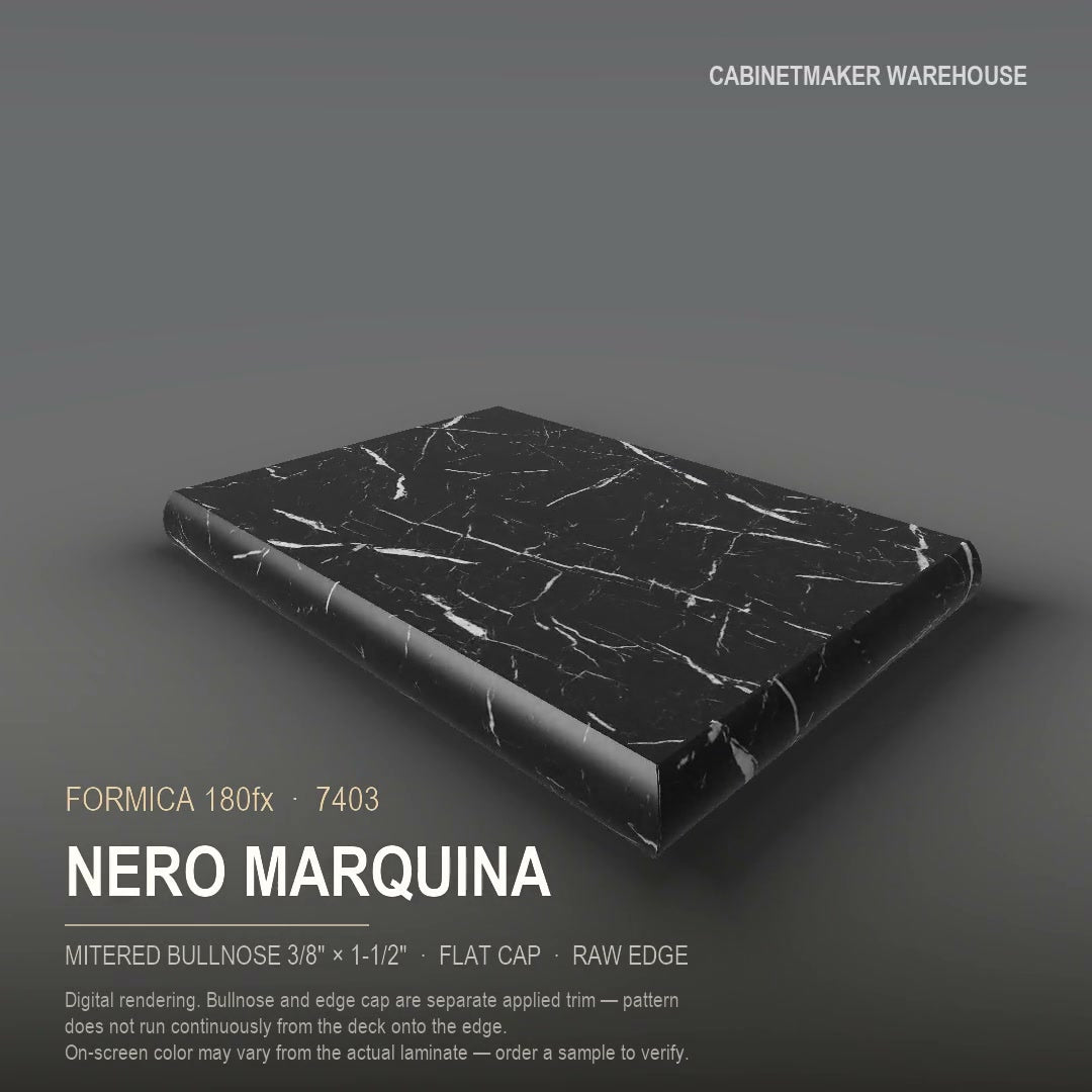 Formica Nero Marquina 7403 laminate on a countertop with a mitered bullnose edge