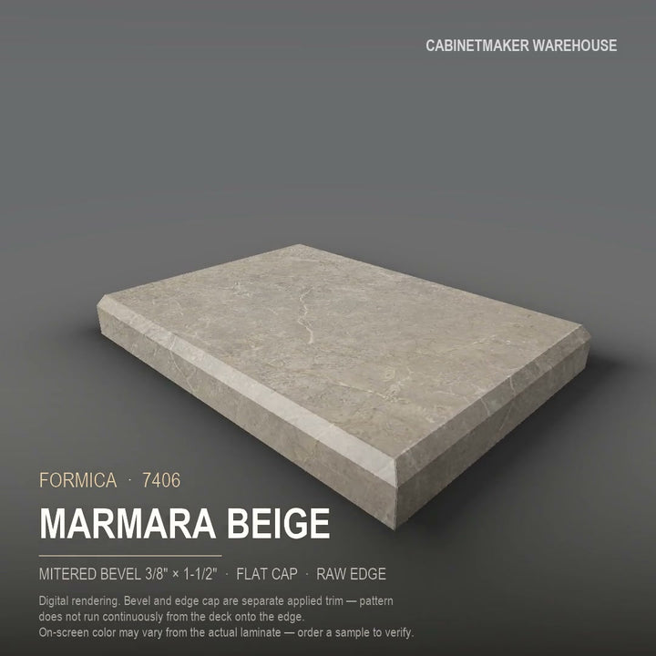 Formica Marmara Beige 7406 laminate on a countertop with a mitered bevel edge