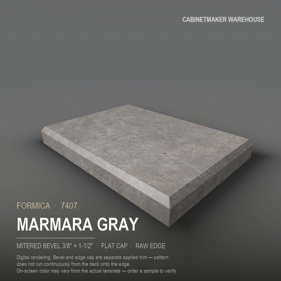 Formica Marmara Gray 7407 laminate on a countertop with a mitered bevel edge