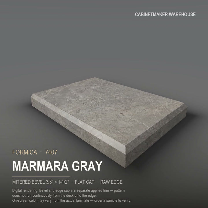 Formica Marmara Gray 7407 laminate on a countertop with a mitered bevel edge