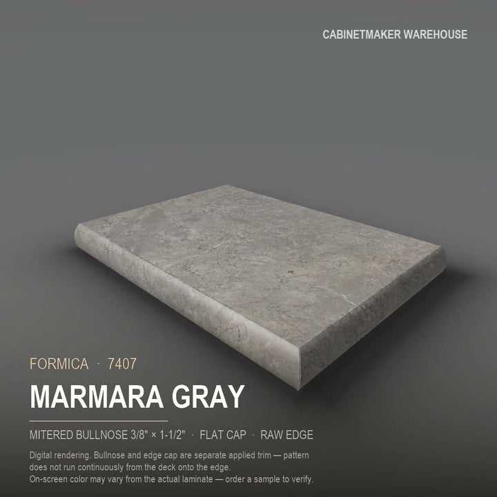 Formica Marmara Gray 7407 laminate on a countertop with a mitered bullnose edge