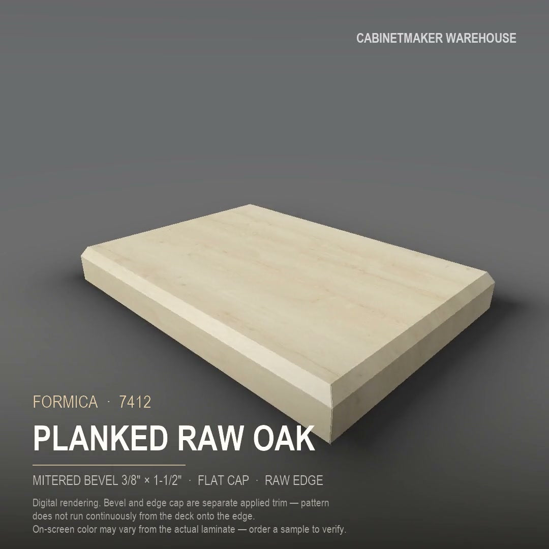 Formica Planked Raw Oak 7412 laminate on a countertop with a mitered bevel edge