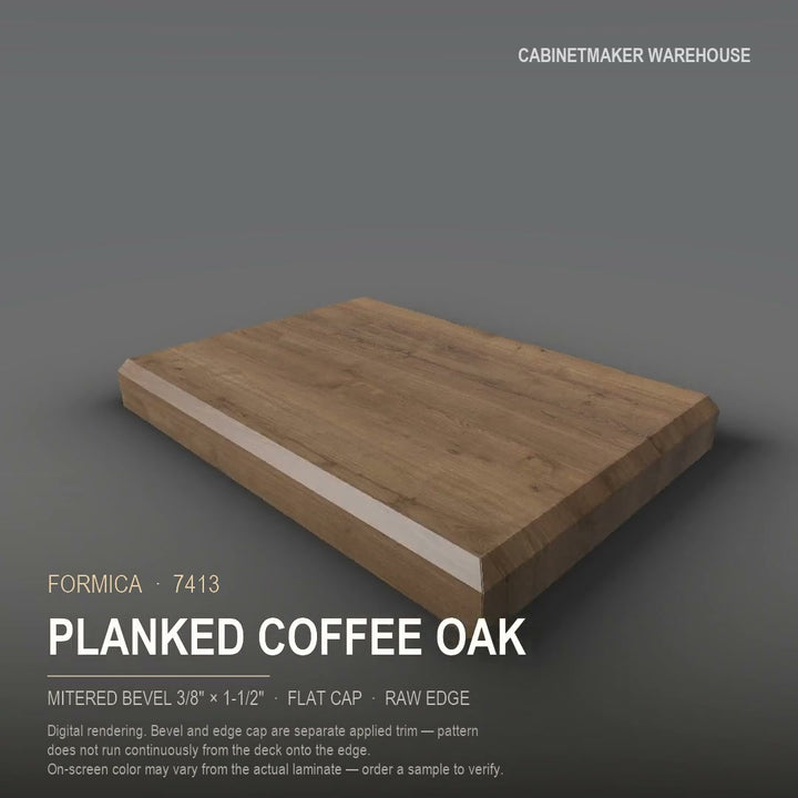 Formica Planked Coffee Oak 7413 laminate on a countertop with a mitered bevel edge