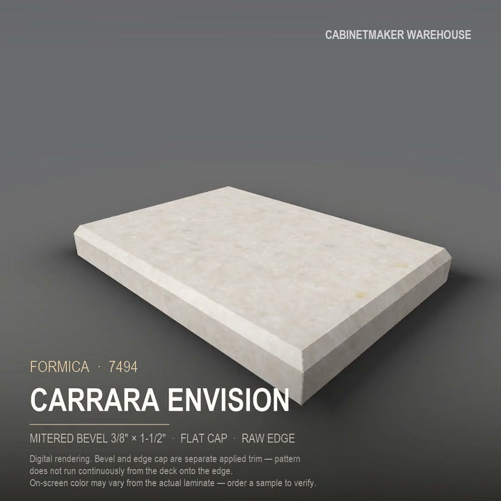 Formica Carrara Envision 7494 laminate on a countertop with a mitered bevel edge