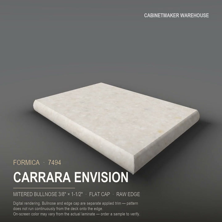 Formica Carrara Envision 7494 laminate on a countertop with a mitered bullnose edge