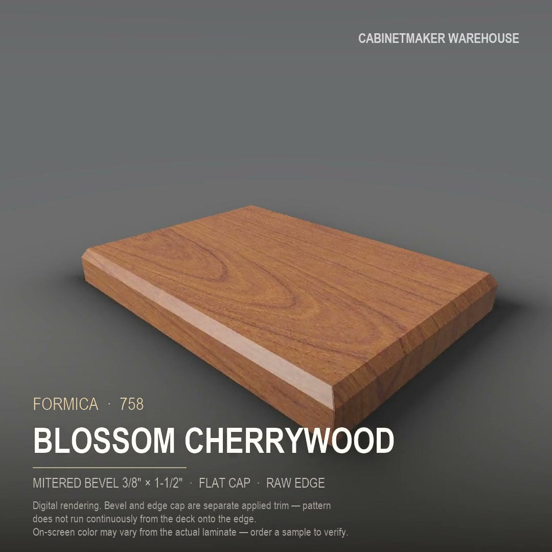 Formica Blossom Cherrywood 758 laminate on a countertop with a mitered bevel edge