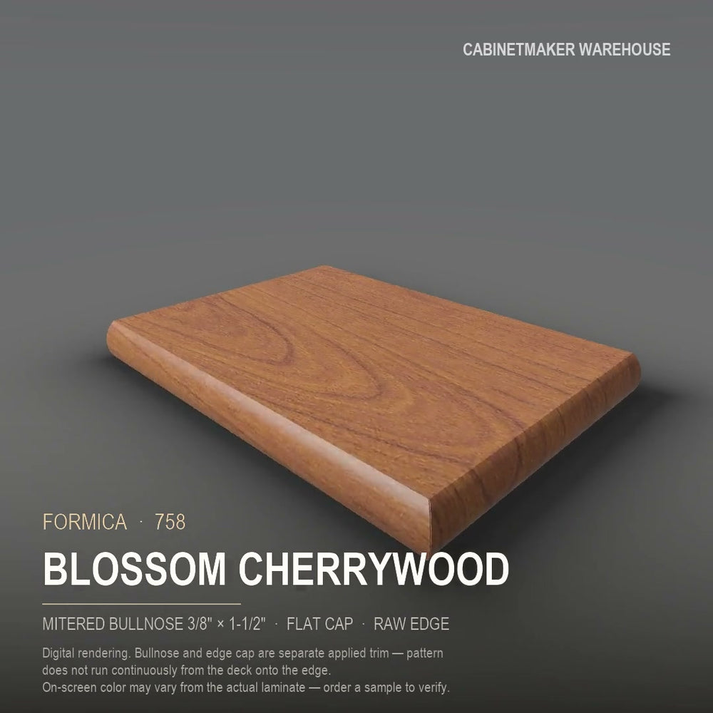 Formica Blossom Cherrywood 758 laminate on a countertop with a mitered bullnose edge