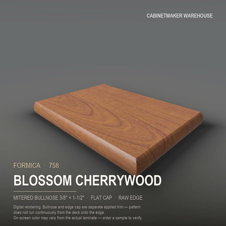 Formica Blossom Cherrywood 758 laminate on a countertop with a mitered bullnose edge