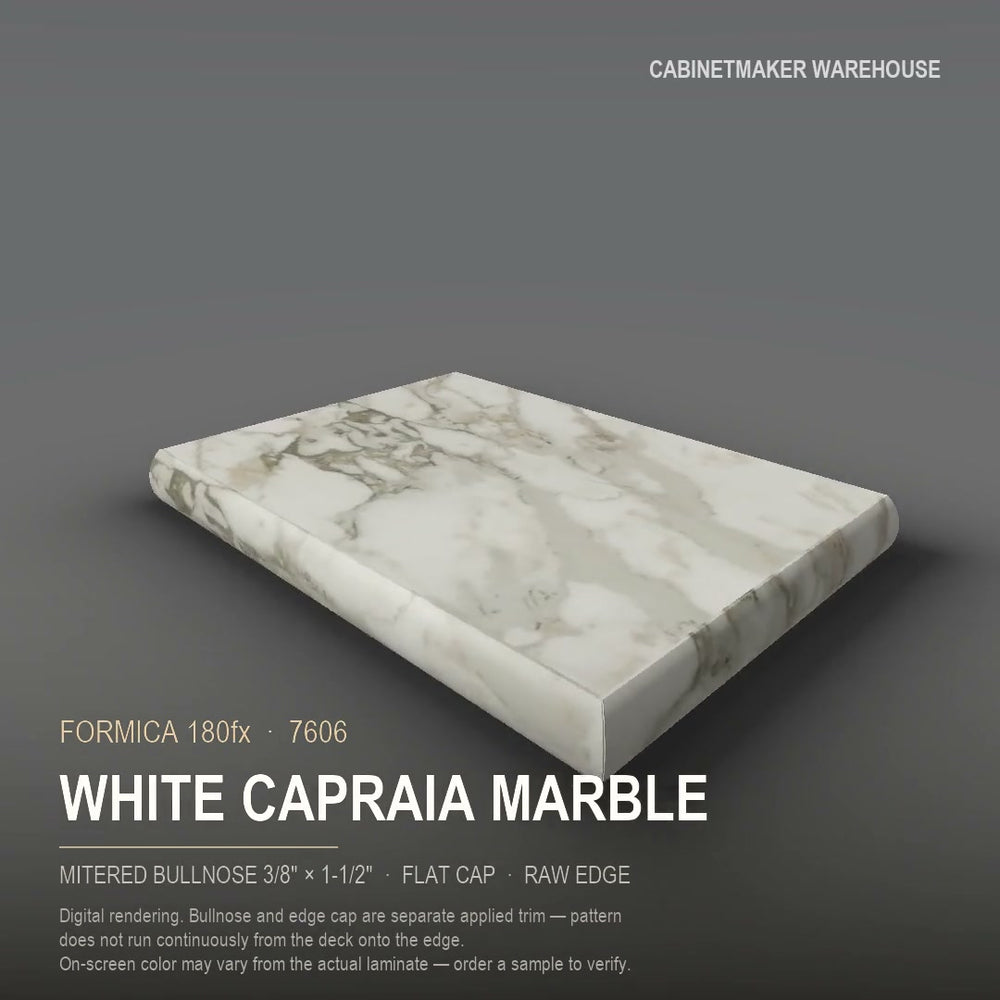 Formica White Capraia Marble 7606 laminate on a countertop with a mitered bullnose edge