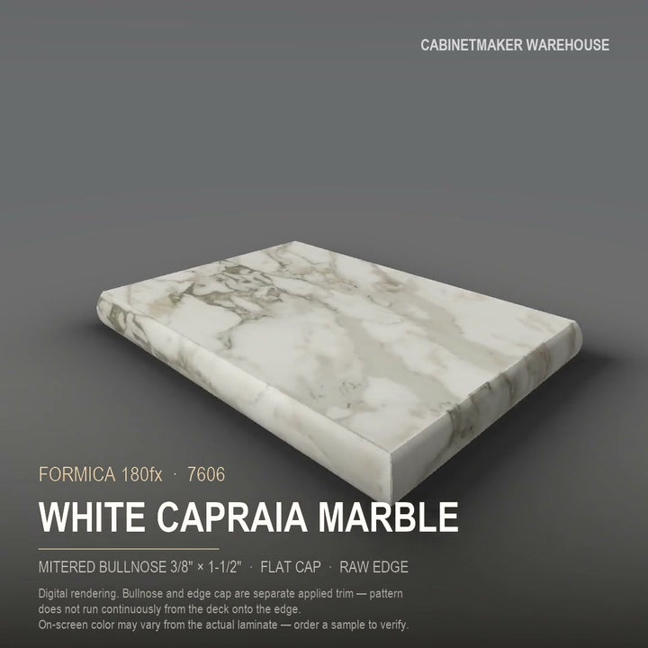 Formica White Capraia Marble 7606 laminate on a countertop with a mitered bullnose edge