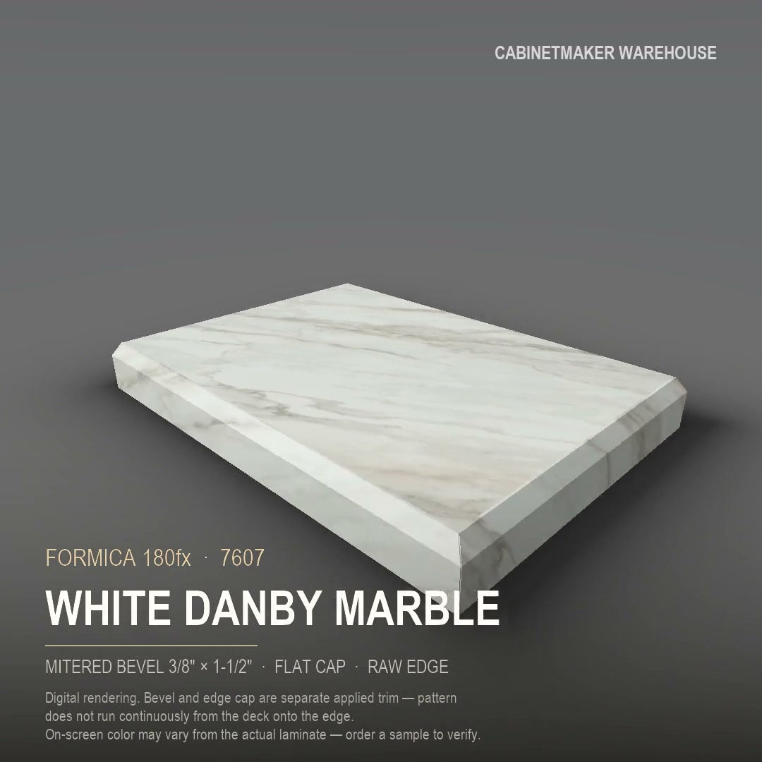 Formica White Danby Marble 7607 laminate on a countertop with a mitered bevel edge