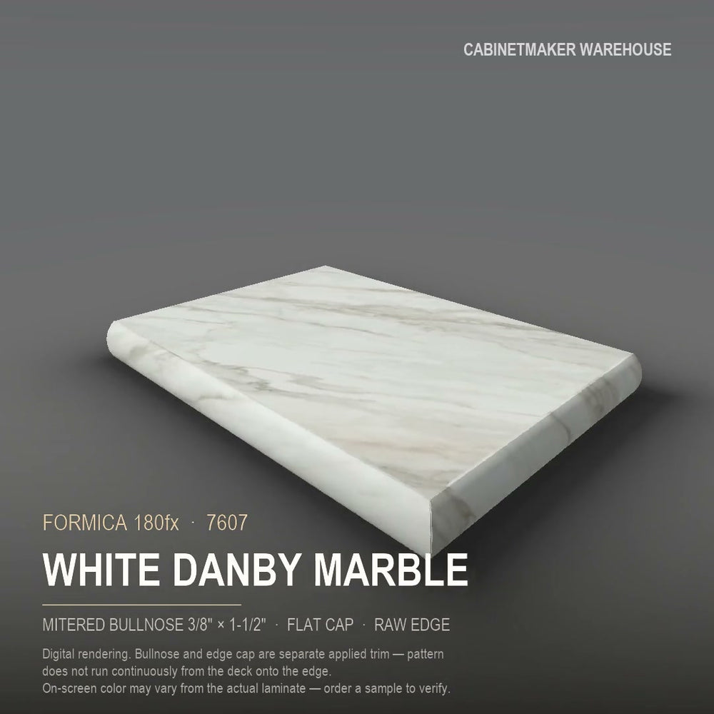 Formica White Danby Marble 7607 laminate on a countertop with a mitered bullnose edge