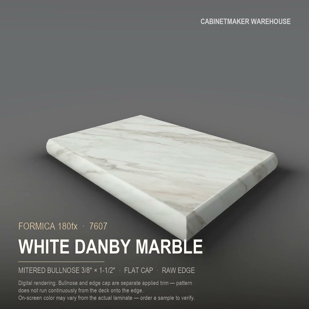 Formica White Danby Marble 7607 laminate on a countertop with a mitered bullnose edge