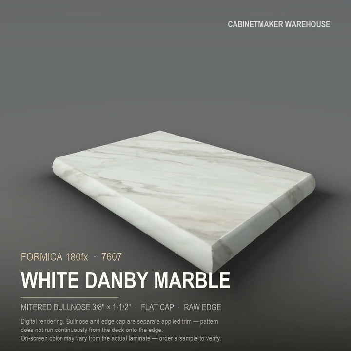 Formica White Danby Marble 7607 laminate on a countertop with a mitered bullnose edge