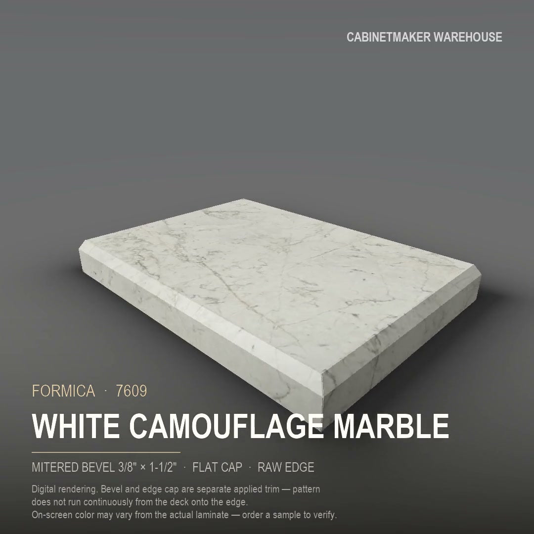 Formica White Camouflage Marble 7609 laminate on a countertop with a mitered bevel edge