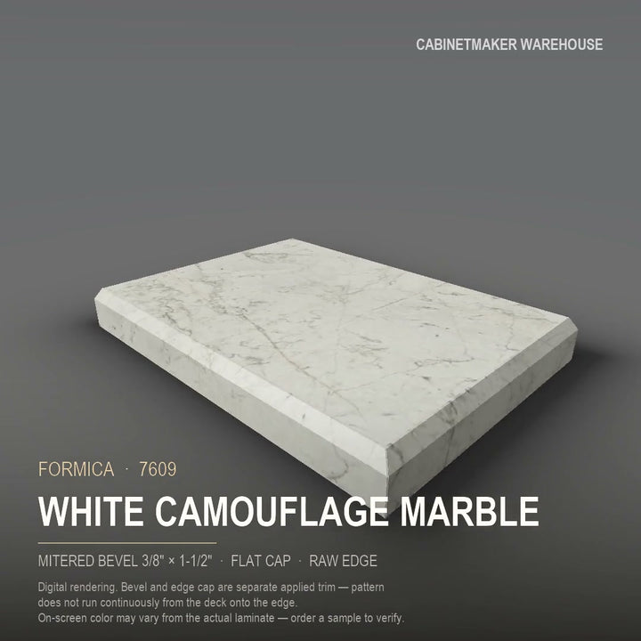 Formica White Camouflage Marble 7609 laminate on a countertop with a mitered bevel edge