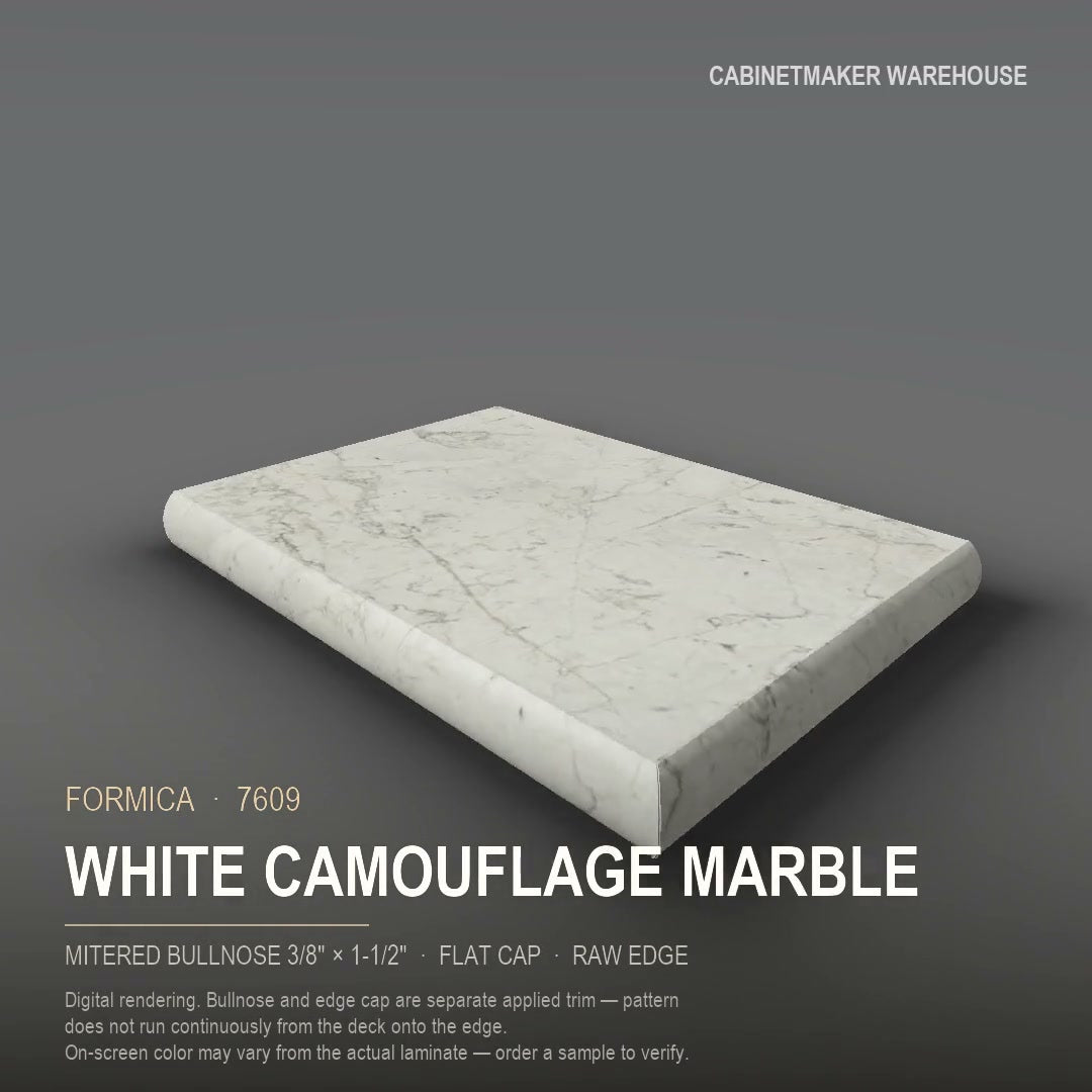 Formica White Camouflage Marble 7609 laminate on a countertop with a mitered bullnose edge