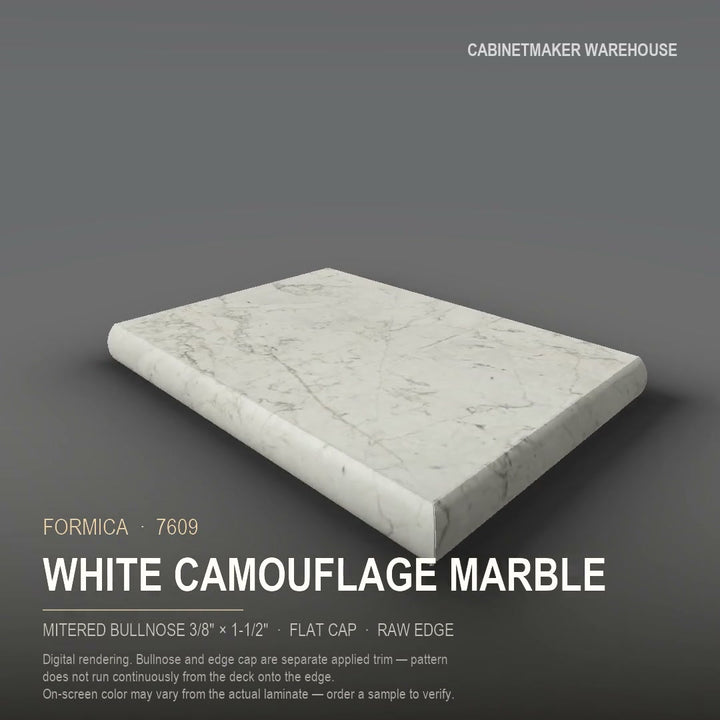 Formica White Camouflage Marble 7609 laminate on a countertop with a mitered bullnose edge