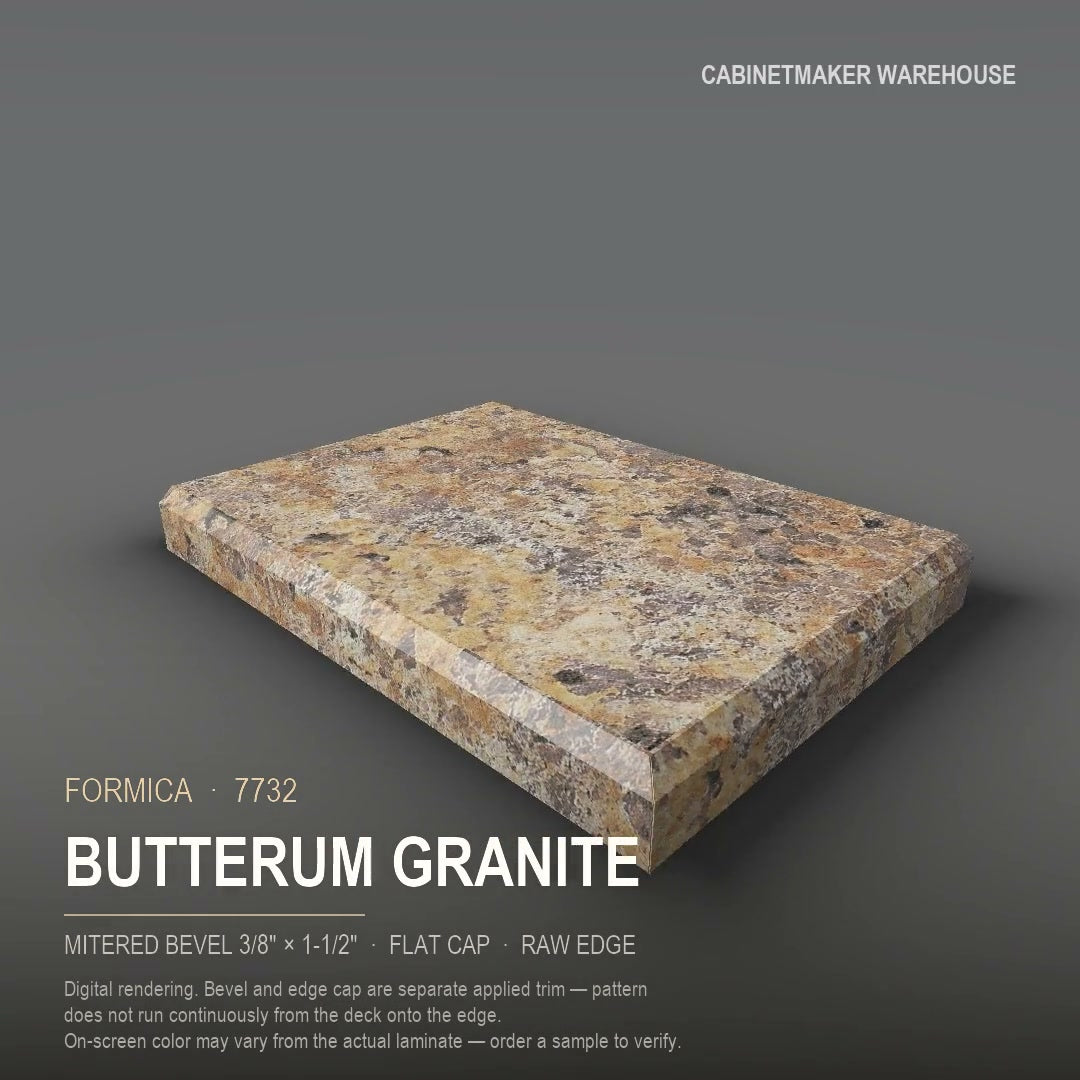 Formica Butterum Granite 7732 laminate on a countertop with a mitered bevel edge