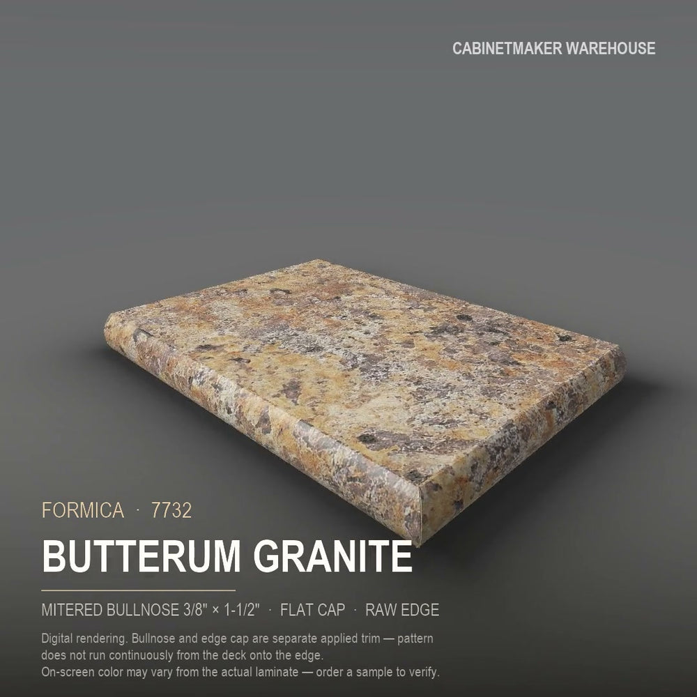 Formica Butterum Granite 7732 laminate on a countertop with a mitered bullnose edge