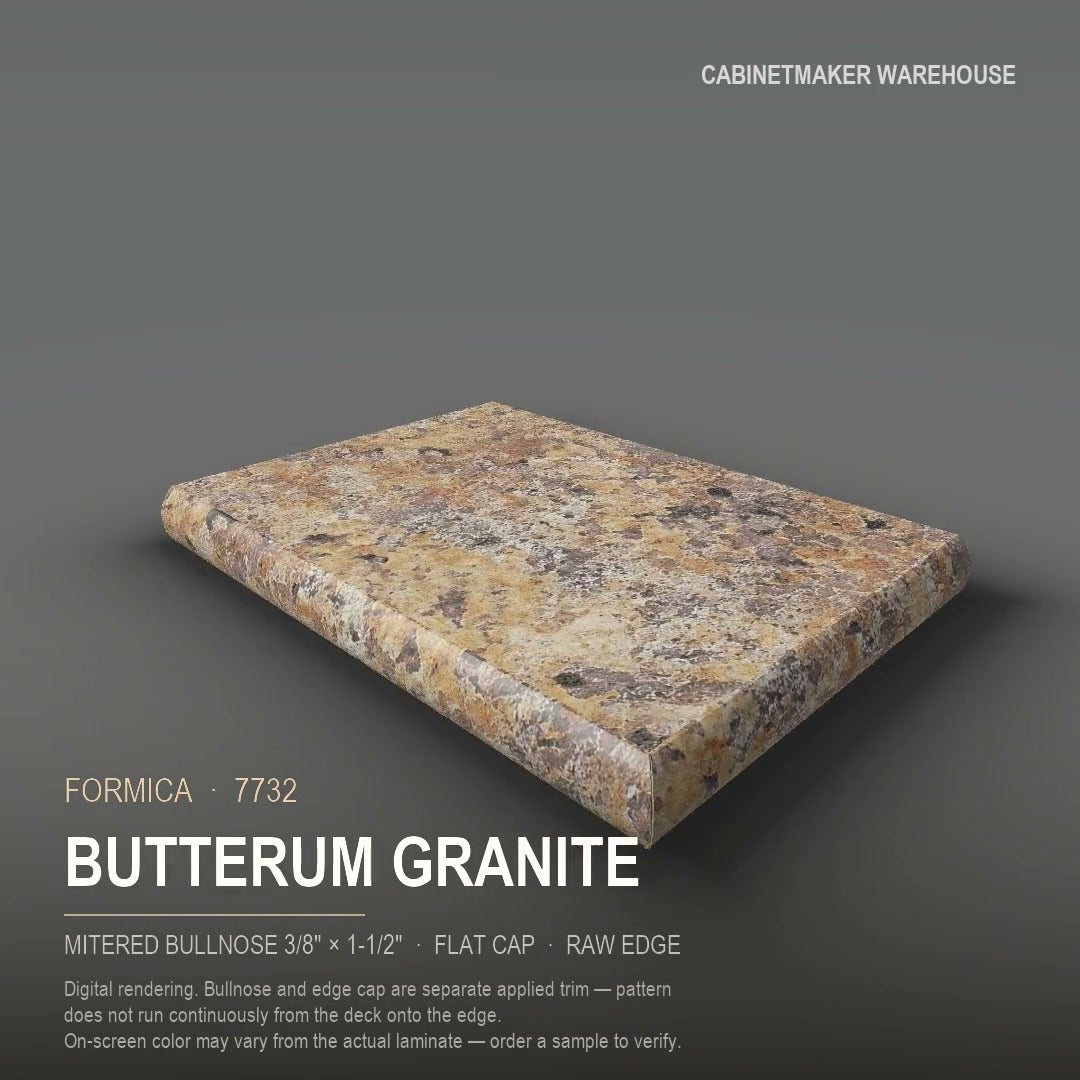 Formica Butterum Granite 7732 laminate on a countertop with a mitered bullnose edge