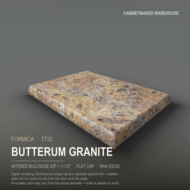 Formica Butterum Granite 7732 laminate on a countertop with a mitered bullnose edge