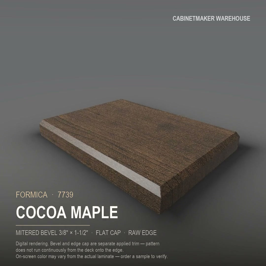 Formica Cocoa Maple 7739 laminate on a countertop with a mitered bevel edge